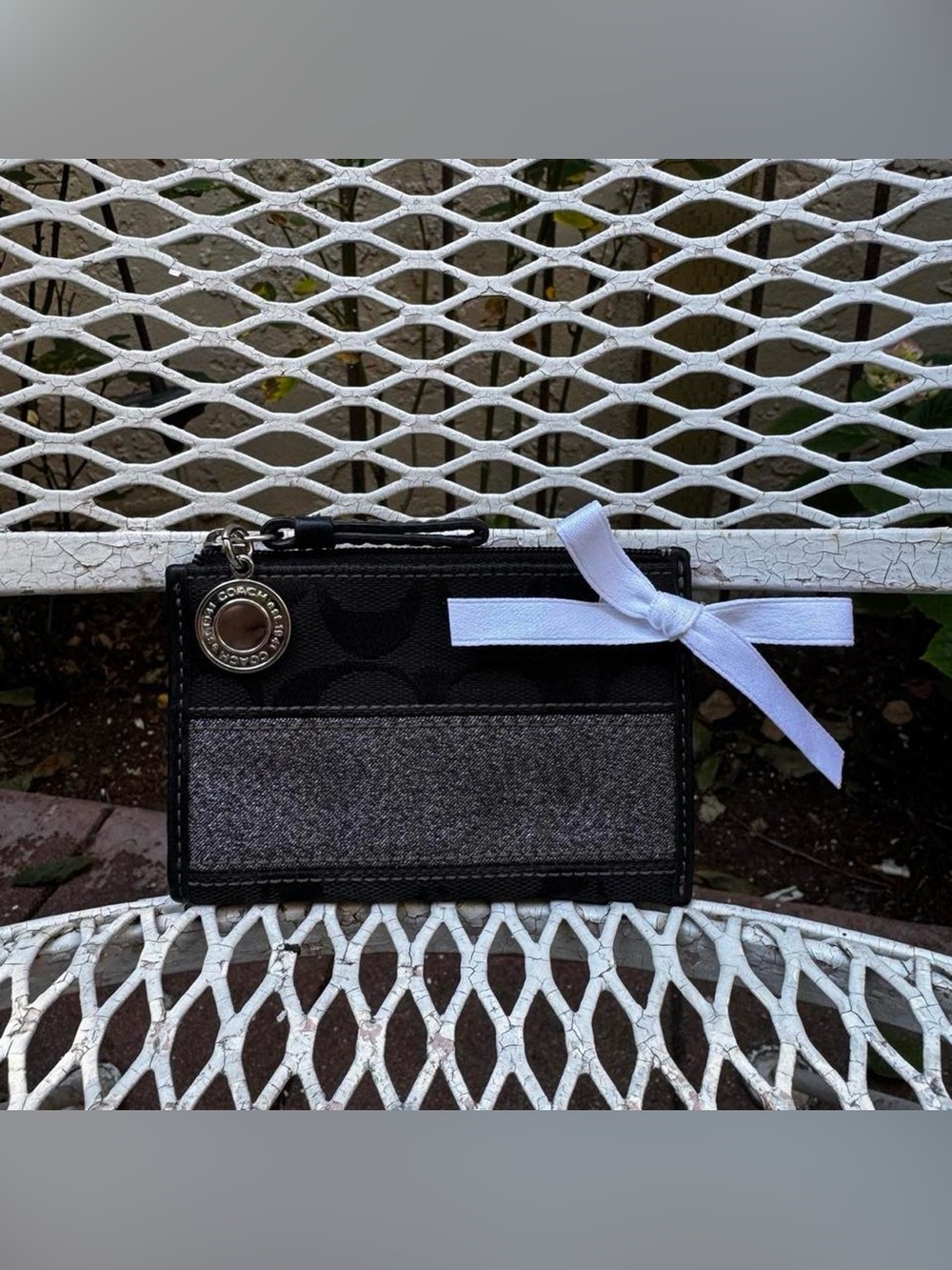 Coach Black Monogramed Cardholder with Silver Stripe